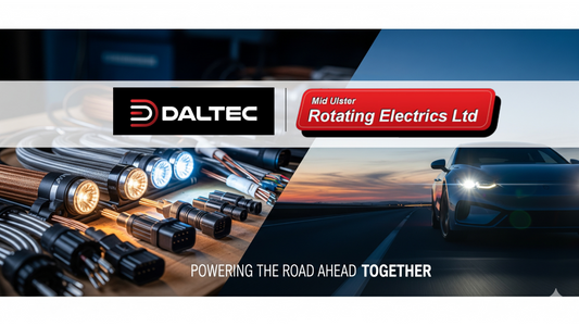 Rotating Electrics announces partnership with Daltec – promotional banner showcasing high-quality vehicle safety solutions including cables, wiring, and LED lights