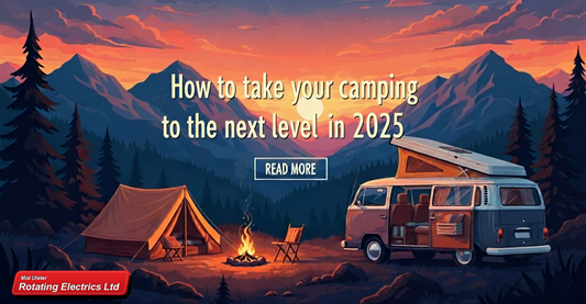 cartoonish image of a camper van and camp site overlooking trees and mountains