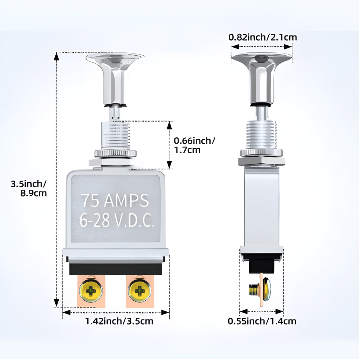 MURE heavy-duty metal 75A push-pull switch with 2 pins showing dimensions for length width and height