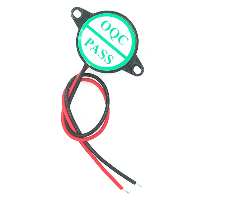 Black MURE BUZZ1224 electronic piezo warning buzzer with waterproof design 2 wires and an OQC Pass sticker