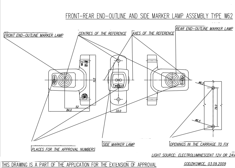 Technical drawing of a WAS W286 12V 24V short front assembly rubber outline and side marker reflector lamp