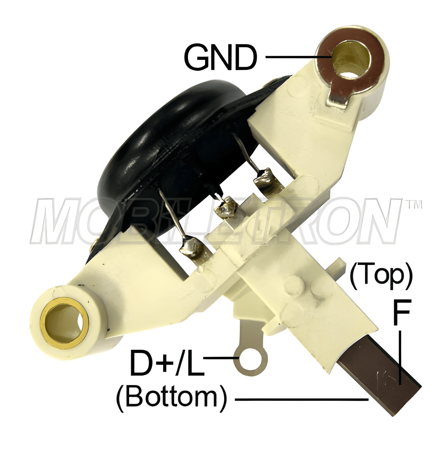 front view of alternator voltage regulator on a white background