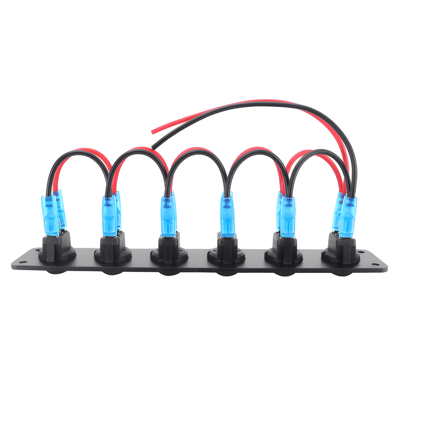 Rear view of the 6-gang rocker switch panel highlighting the professional pre-wired parallel bridge configuration with insulated blue spade terminals for efficient 12V installation.