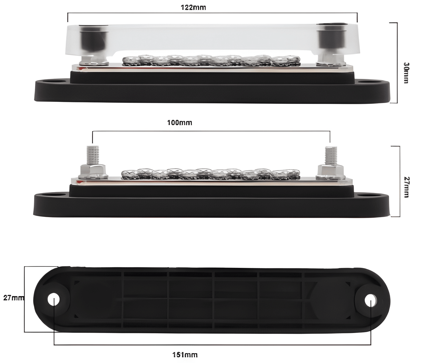 Technical specification diagram for the BB110DB highlighting key dimensions: 151mm total mounting length, 122mm cover length, and a low-profile 30mm height with the cover installed.