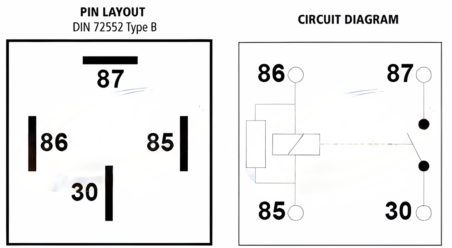 Detailed wiring and circuit diagram of 12V 40A mini relay with resistor suppression for vehicle electrical systems