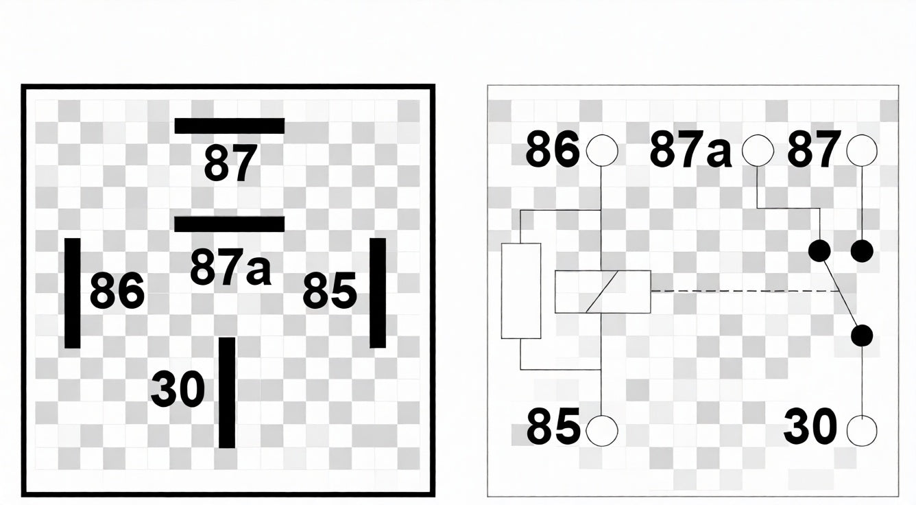 Pin layout diagram for 24V 15A change-over mini relay with resistor protection showing terminals 30, 85, 86, 87 and 87a