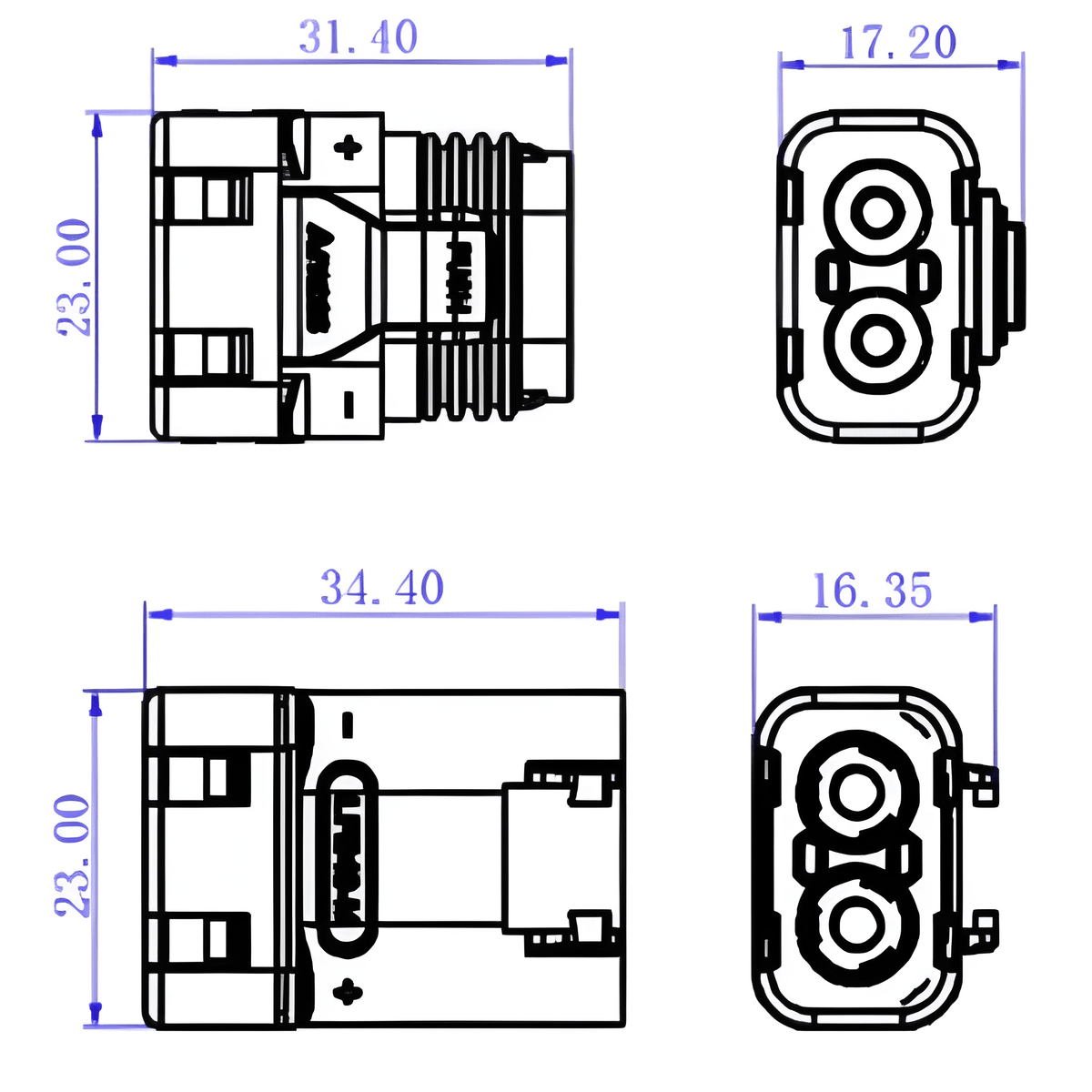 Technical drawing of MURE LFB40-MF 40 Amp male and female 2 pin power connectors with measurements