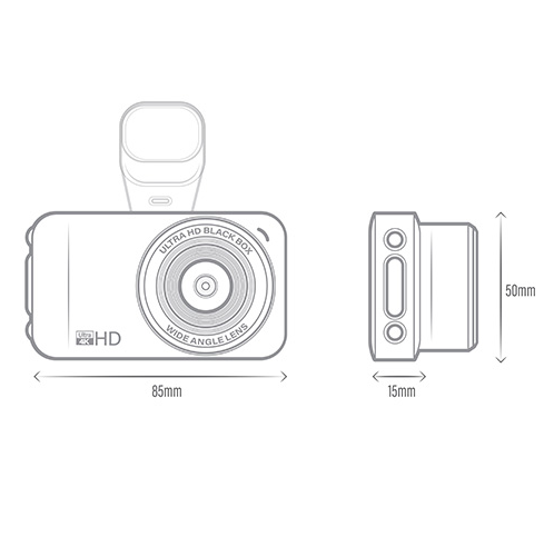 Line drawing of a black 4K Ultra HD Smart Dashcam with a wide-angle lens showing front and side dimensions