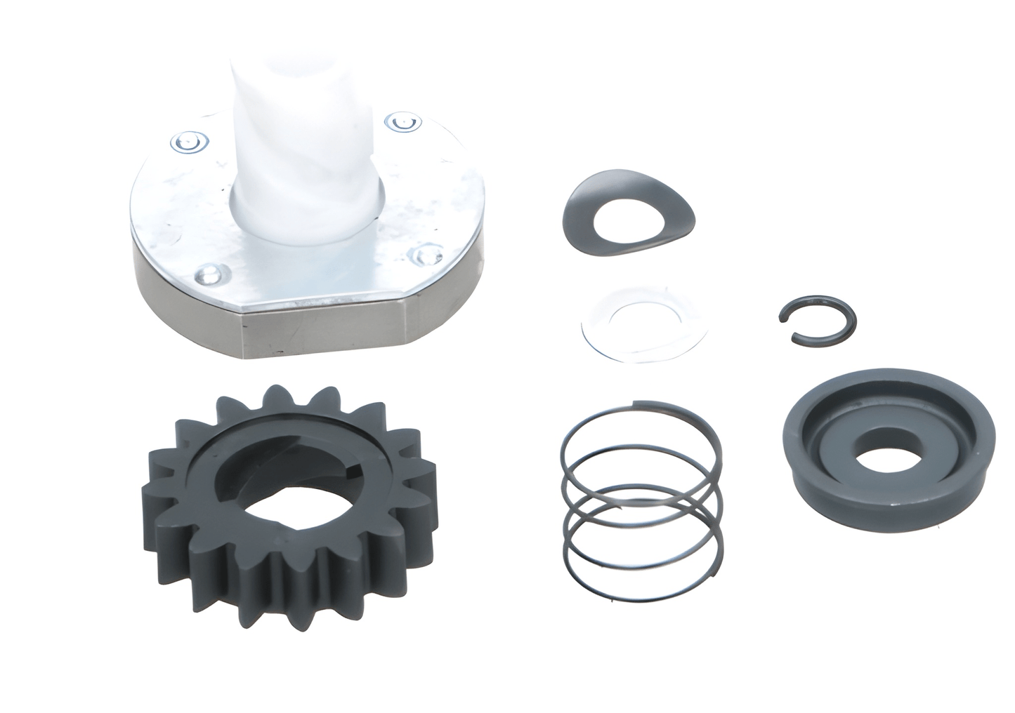 Mechanical parts including gears and washers on a white background