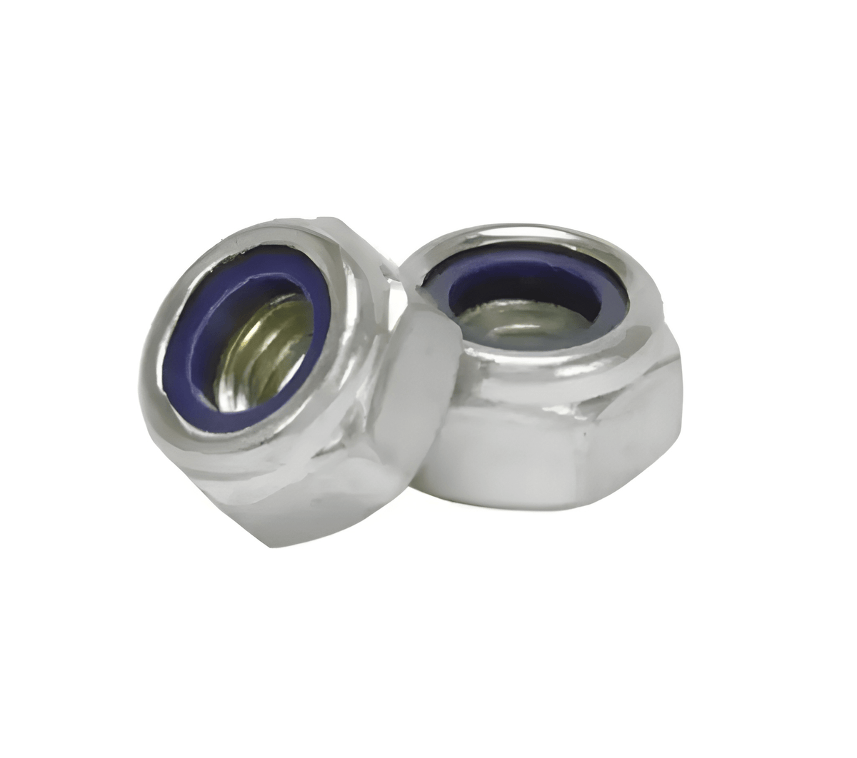 Two silver metallic M6 Nyloc locking nuts with blue nylon inserts by MURE