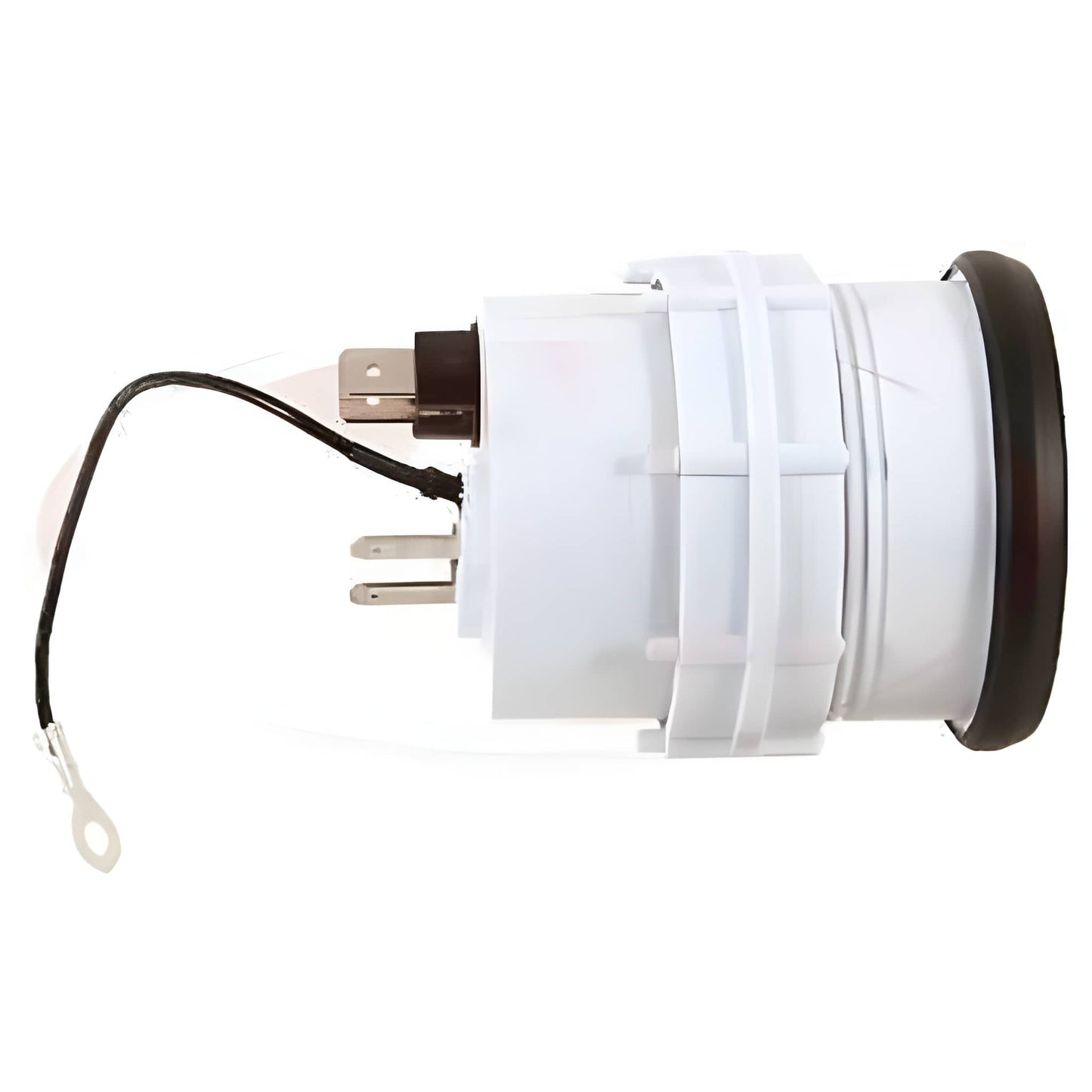 White gauge with black cord on a white background