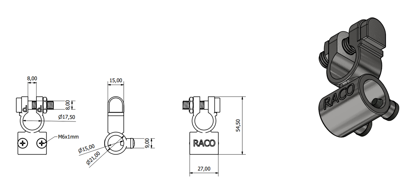 Positive Battery Terminal – 19mm diameter, Solderless, Tin-Plated Brass, 15mm Cable Hole Drilling, Wood Auto BTT1007P/209