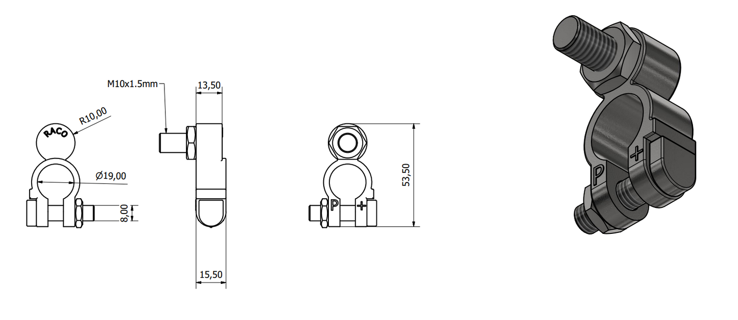 Positive Battery Terminal – 19mm diameter, Tin-Plated Brass, M10 x 22mm Bolt, Wood Auto BTT1005P/227