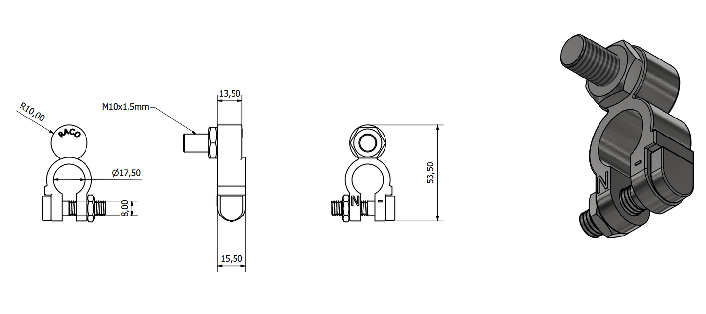 Negative Battery Terminal – 17mm diameter, Tin-Plated Brass, M10 x 22mm Bolt Wood Auto BTT1005N/228