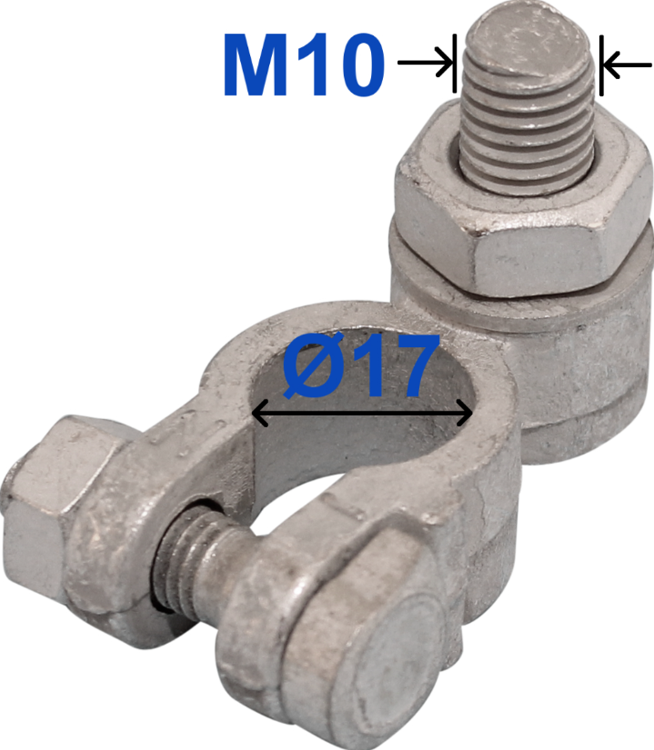 Negative Battery Terminal – 17mm diameter, Tin-Plated Brass, M10 x 22mm Bolt Wood Auto BTT1005N/228