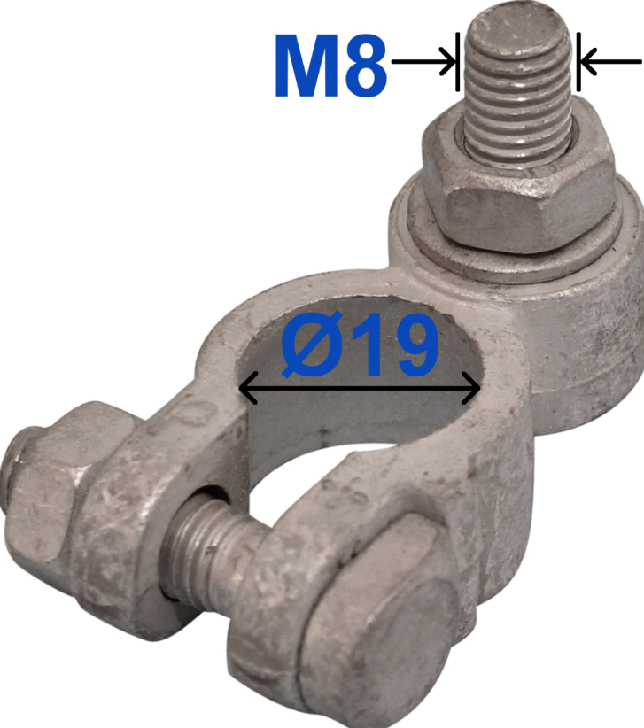 Positive Battery Terminal – 19mm diameter, Tin-Plated Brass, M8 x 22mm Bolt, Wood Auto BTT1004P/229