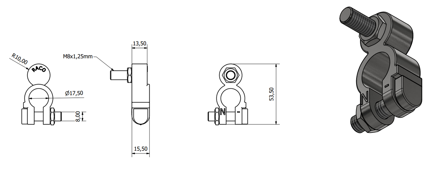 Negative Battery Terminal – 17mm diameter, Tin-Plated Brass, M8 x 22mm Bolt, Wood Auto BTT1004N/230
