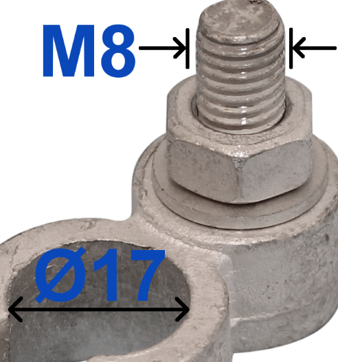 Negative Battery Terminal – 17mm diameter, Tin-Plated Brass, M8 x 22mm Bolt, Wood Auto BTT1004N/230