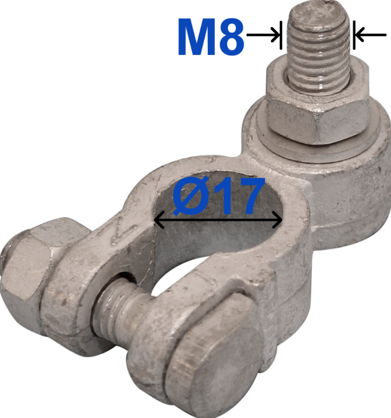 Negative Battery Terminal – 17mm diameter, Tin-Plated Brass, M8 x 22mm Bolt, Wood Auto BTT1004N/230