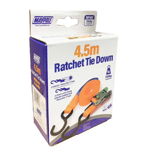 Ratchet Strap Tie Down 2 X S Hooks 4.5M X 25mm 600Kg Break Force Maypole MP607