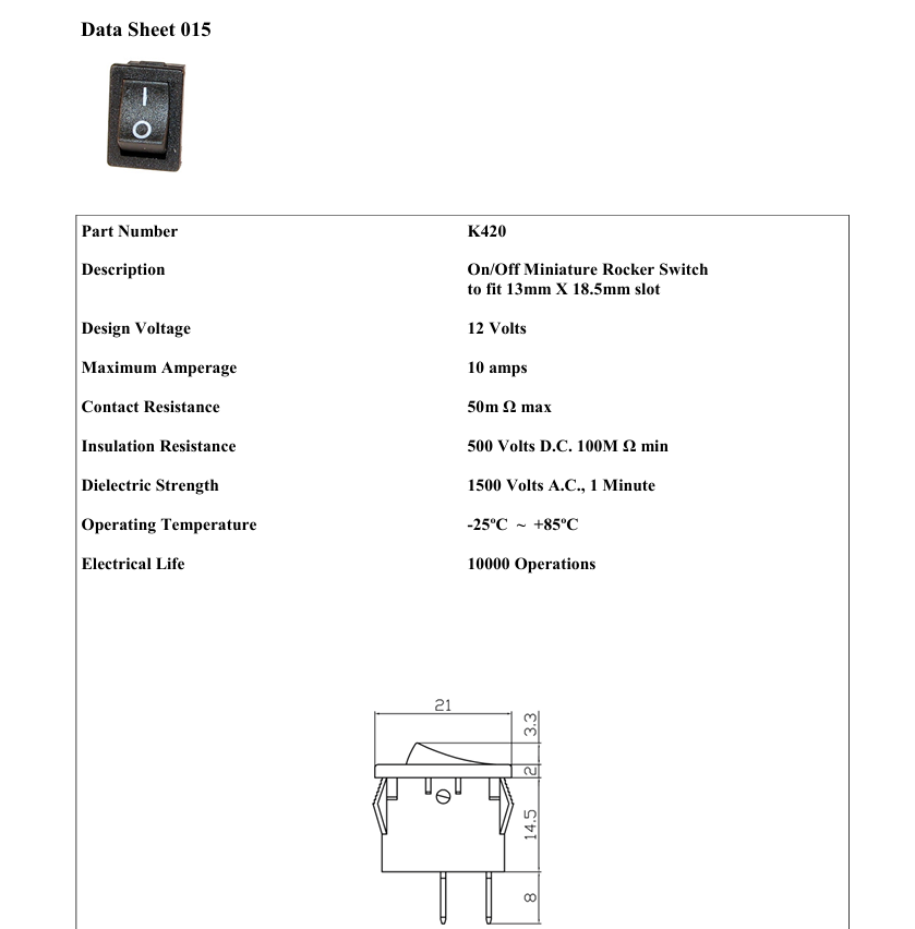On Off Rocker Switch Mini Rectangle Square 12V Car Dash Robinson K420 - Mid-Ulster Rotating Electrics Ltd