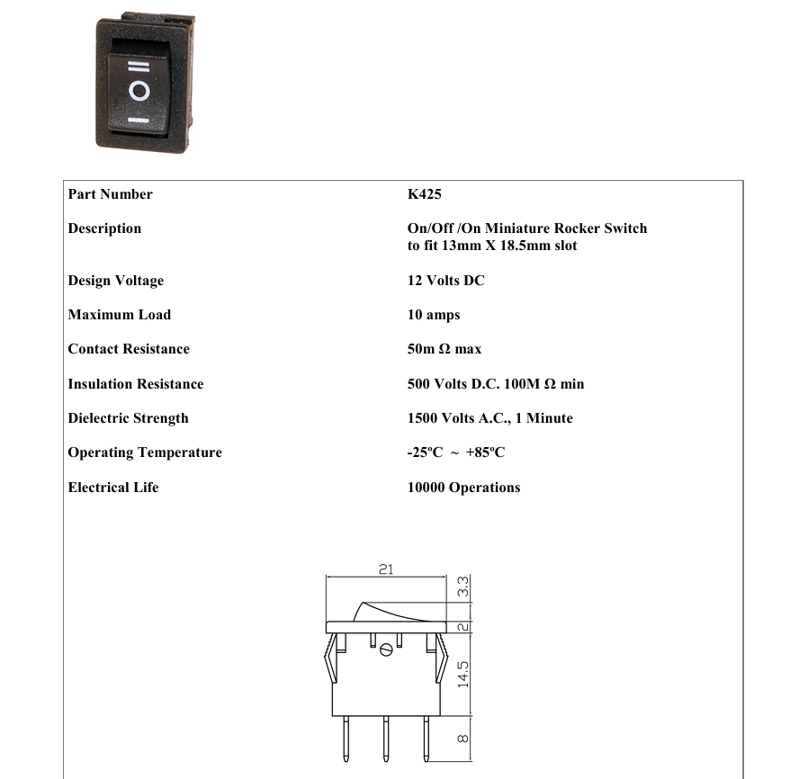 On Off On Rocker Switch 12V Mini Rectangle Square Car Dash Robinson K425 - Mid-Ulster Rotating Electrics Ltd