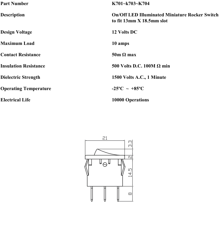 On Off Rocker Switch Amber Led Rectangle Square 12V Robinson K701 - Mid-Ulster Rotating Electrics Ltd
