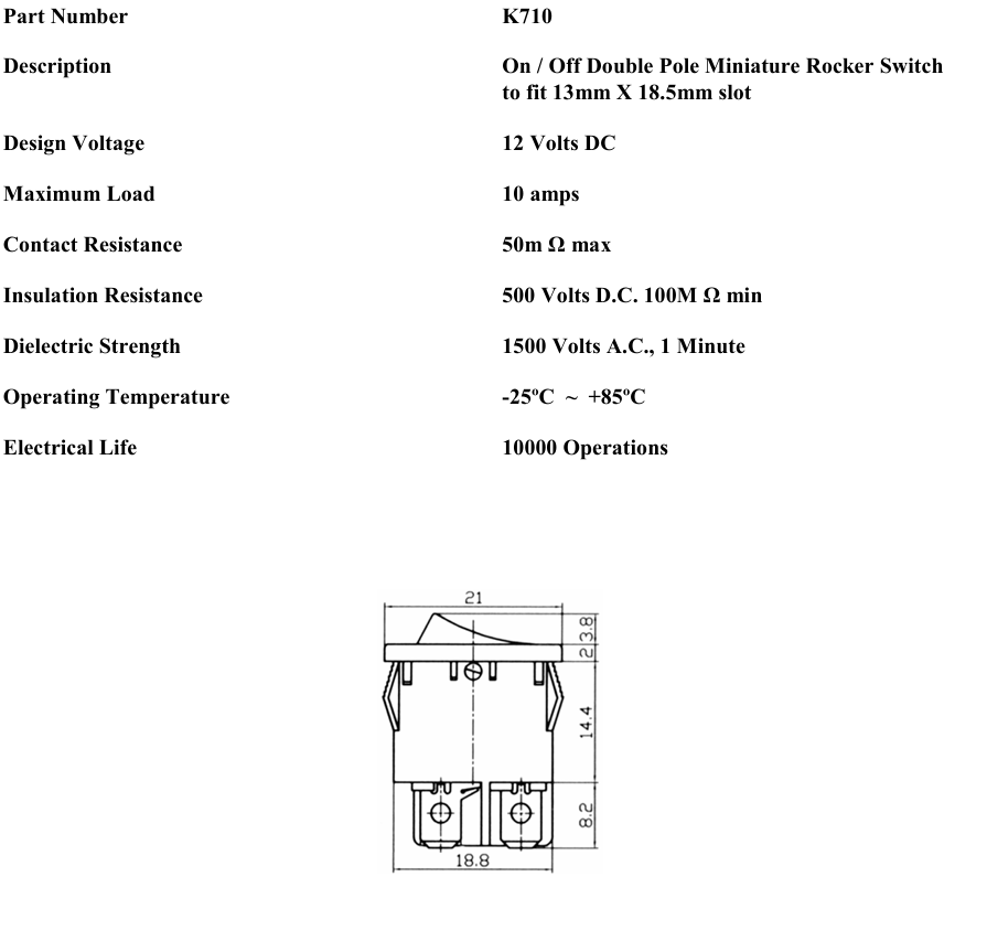 On Off Rocker Switch Mini Rectangle Square 12V Double Pole Car Robinson K710 - Mid-Ulster Rotating Electrics Ltd