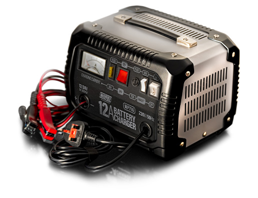 A black 12A 12V/24V metal cased battery charger with a digital display, various connectors, and a red and black power cable.