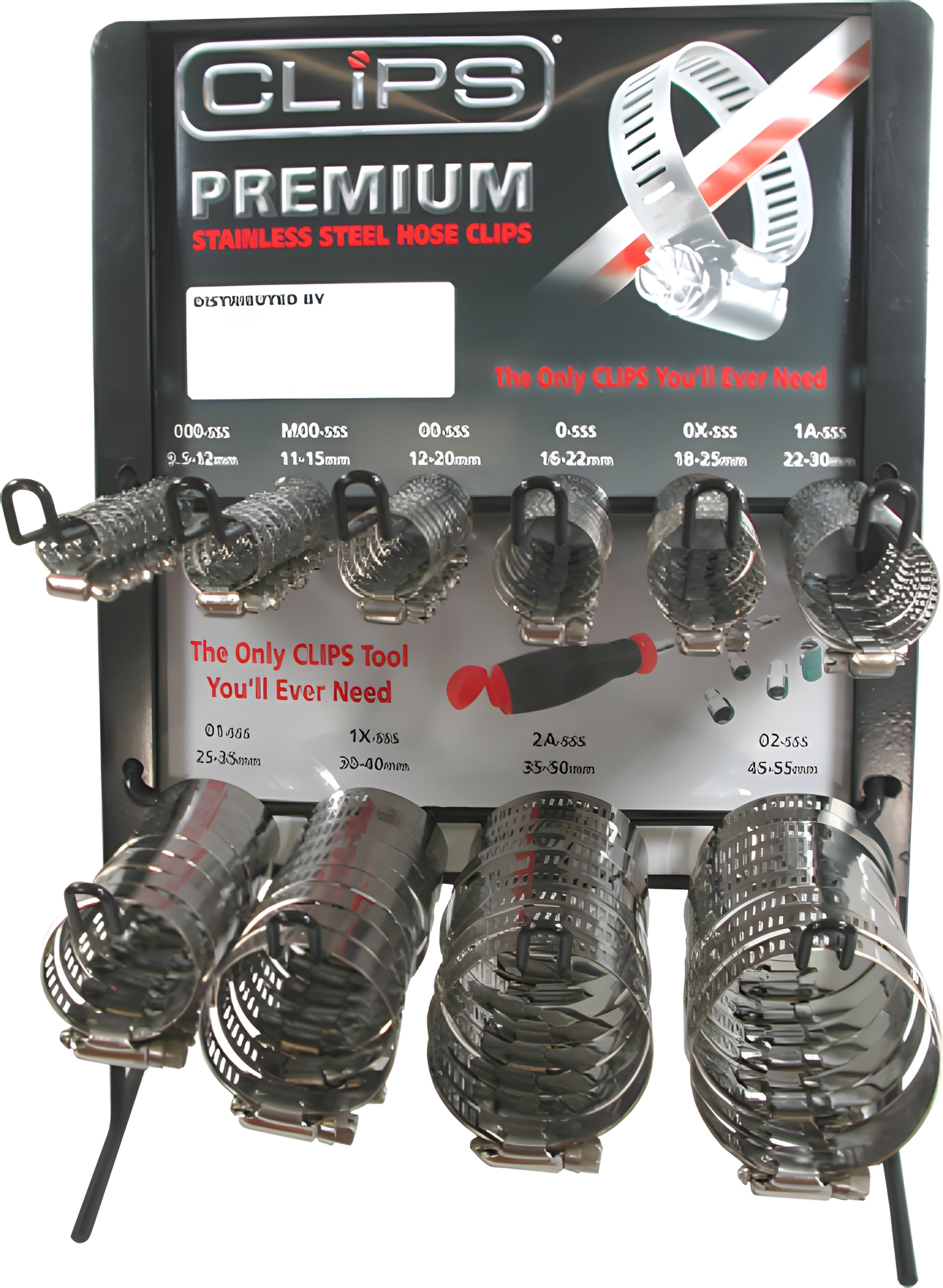 Set of CLIPS stainless steel hose clips on a display stand with branding and product details.