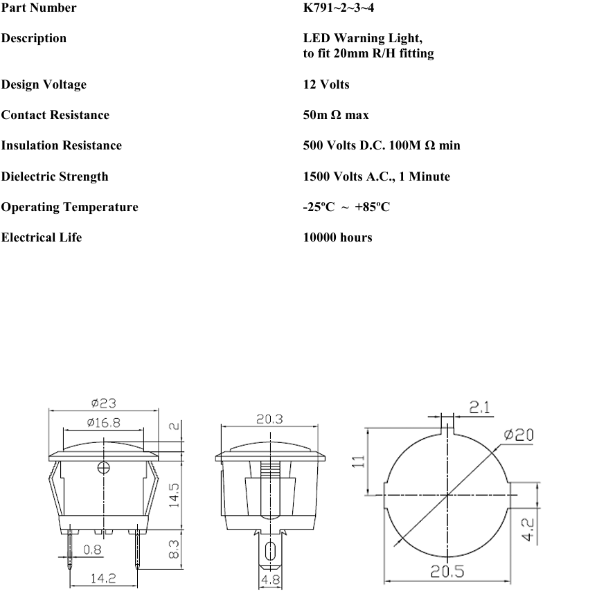 technical data sheet for warning indicator light k791-2-3-4 showing specifications and dimentions