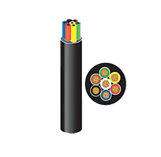 Multicolored cable with close-up inset on a white background