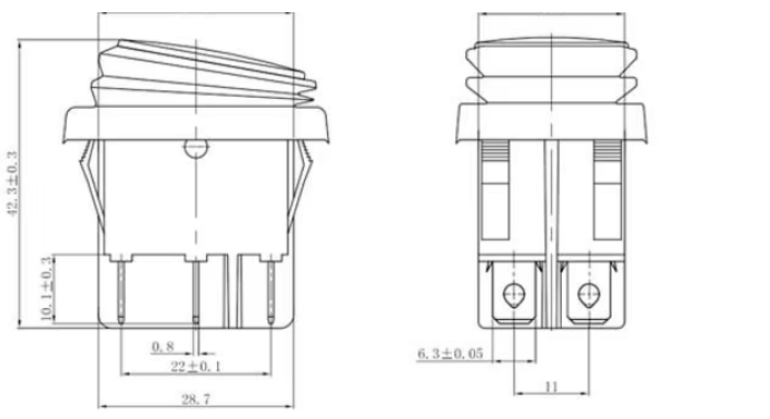 dimensions diagram for Pin Rocker Switch 16A Waterproof ON OFF ON