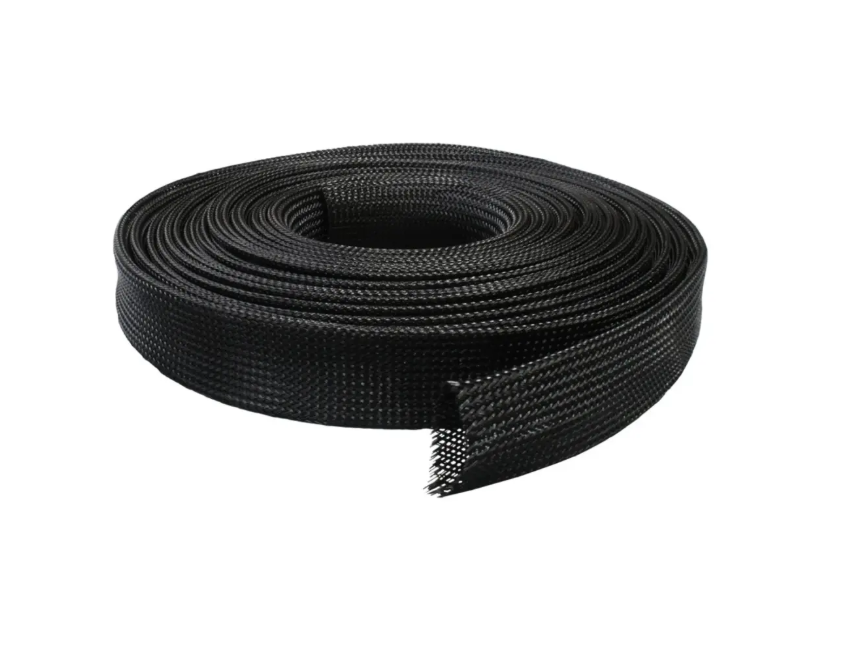 A roll of black expandable braided sleeving for automotive wire management, shown in a clean product view.