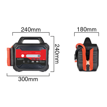 Guardian JP7 heavy-duty booster pack black with red accents Side and front view with dimensions displayed
