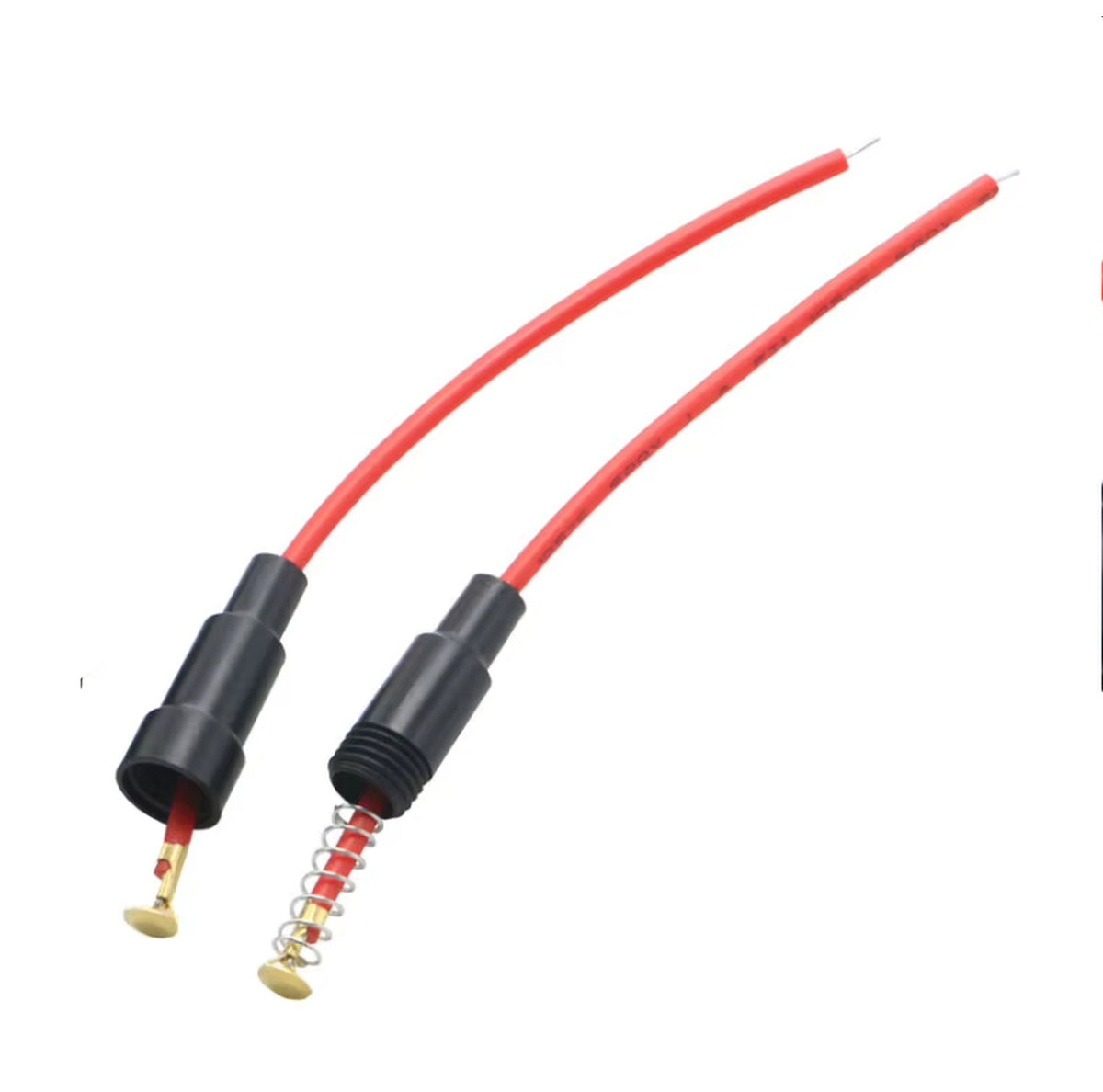 Two red insulated wire leads with black connector housings, one plain and one with a visible coiled spring, shown on a plain white background.
