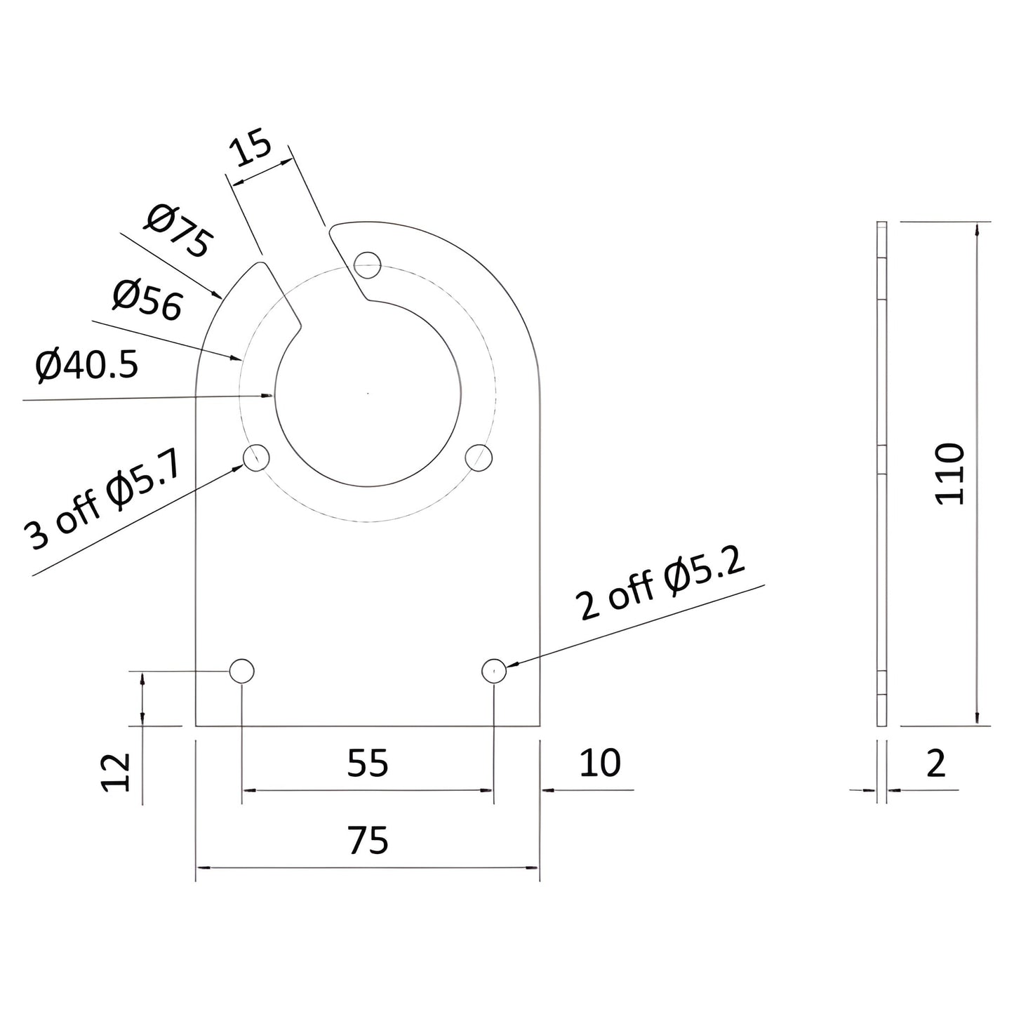 Technical dimensions diagram of Maypole MP3465B towstep socket mounting plate showing hole spacing, diameter measurements, and 2mm thickness