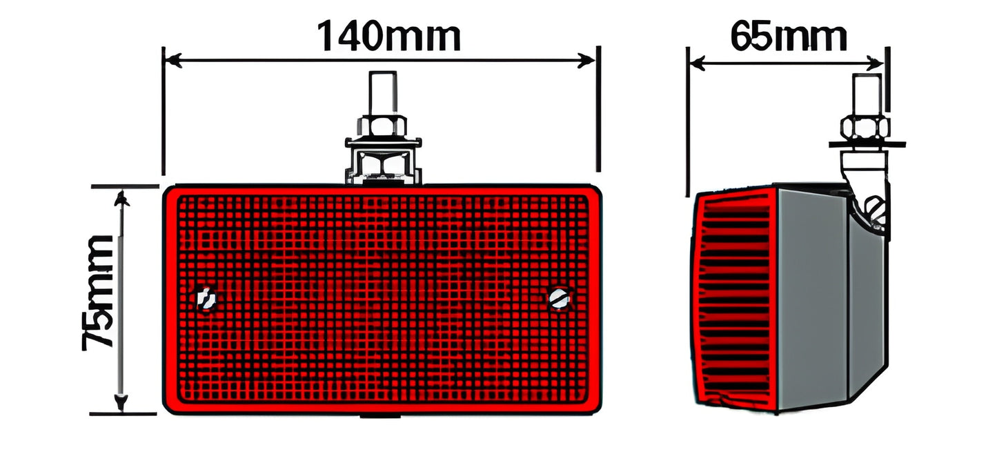 Dimensions diagram of Maypole MP845 12V rear fog lamp showing 140mm width, 75mm height and 65mm depth.