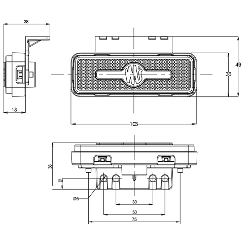 technical drawing showing measurements of 12/24V WAS LED Amber Side Marker Lamp Slimline Side E Approved Maypole MP1635B