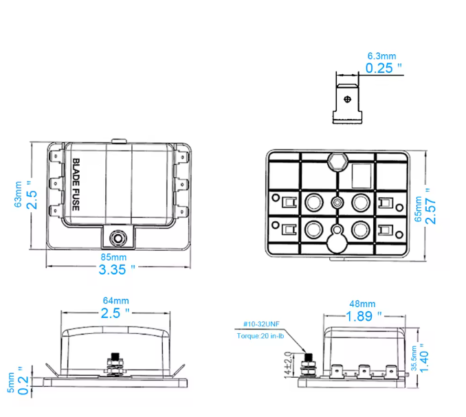 measurement diagram for 6 Way Led Blade Fuse Box Holder 12V / 24V Standard Ato Circuit Wood Auto Fuh1731L