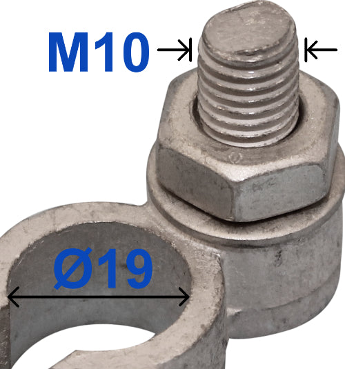 Positive Battery Terminal – 19mm diameter, Tin-Plated Brass, M10 x 22mm Bolt, Wood Auto BTT1005P/227