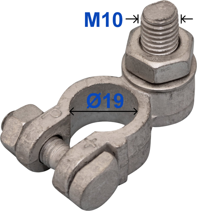 Positive Battery Terminal – 19mm diameter, Tin-Plated Brass, M10 x 22mm Bolt, Wood Auto BTT1005P/227