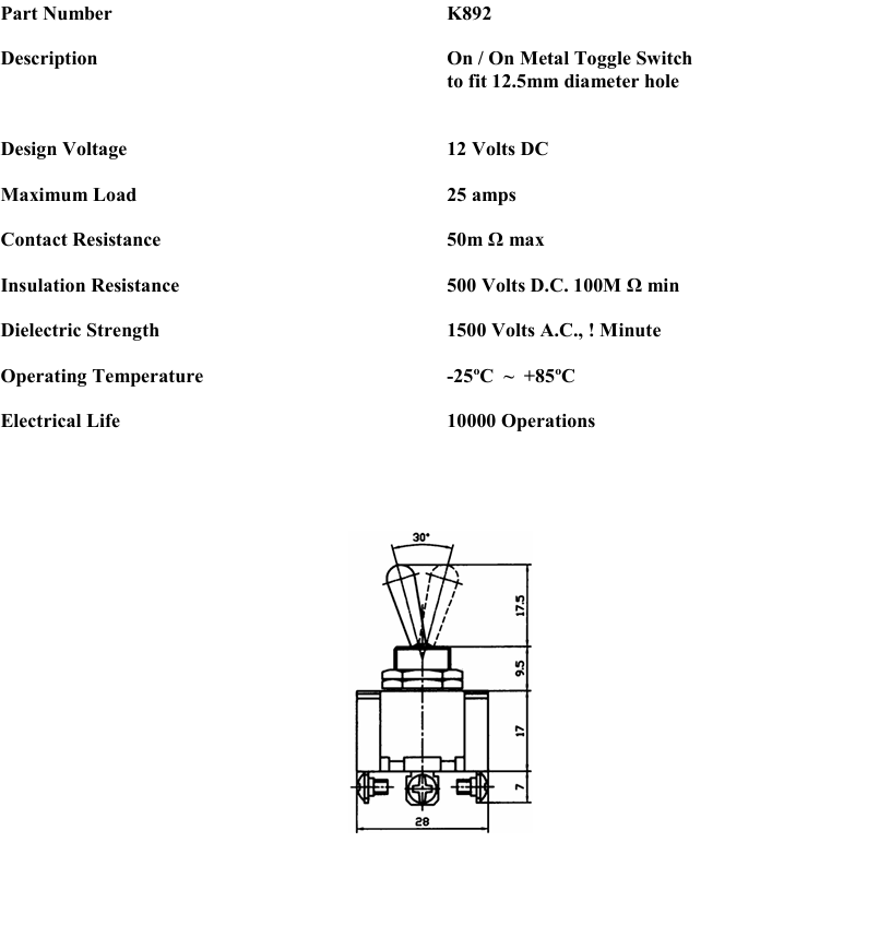 technical data sheet for k892 series on on switch showing technical specifications and dimensions