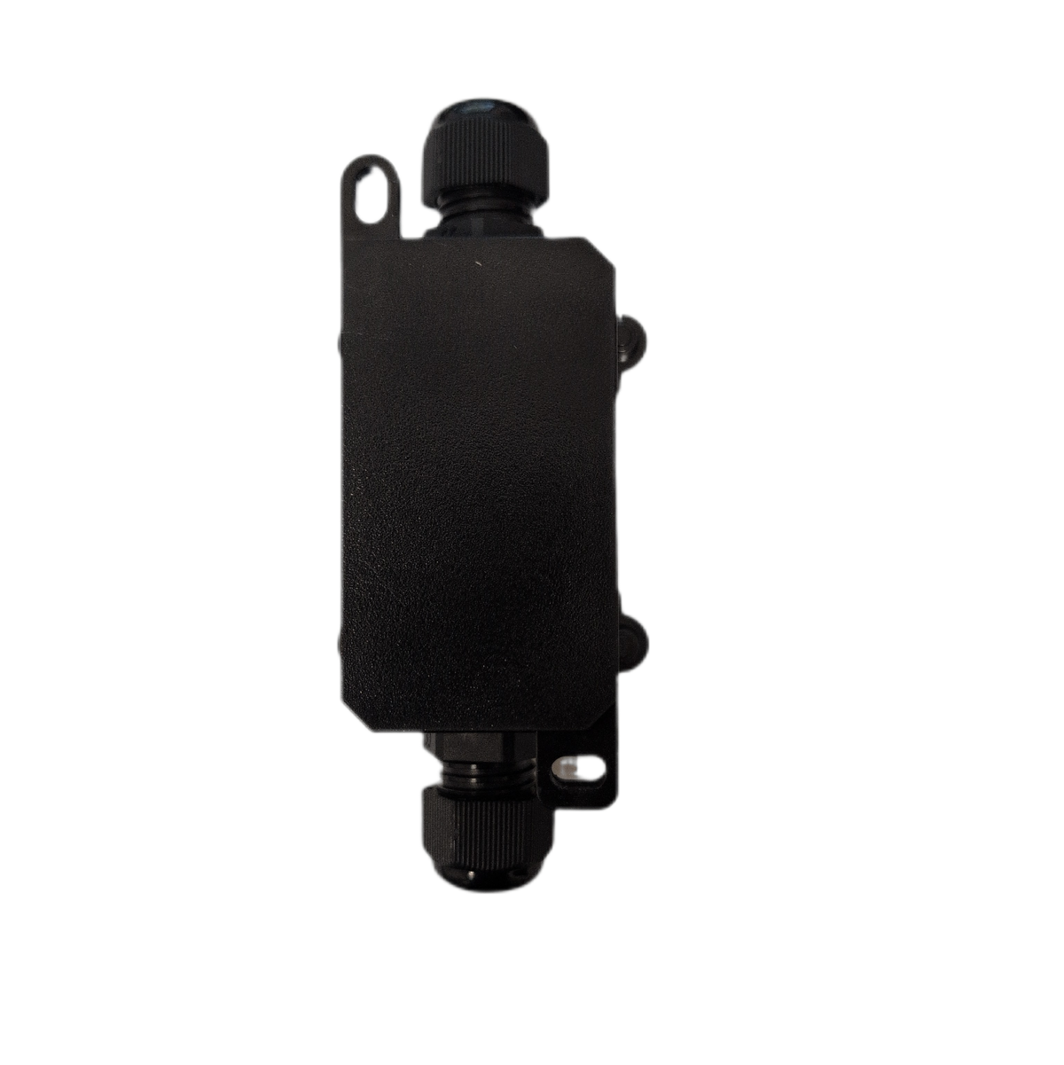 A black metal electrical cable gland with a threaded cap on top and bottom, featuring mounting tabs on the sides, shown against a plain white background.