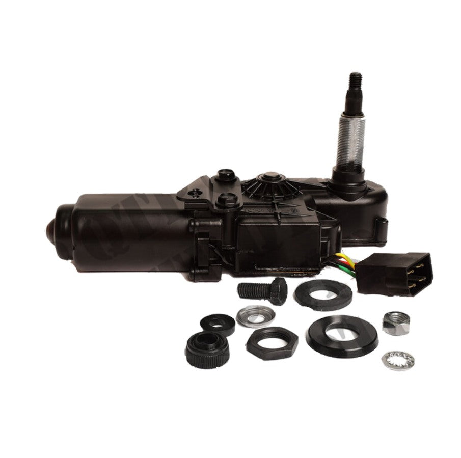 A black 12v rear window wiper motor for Massey Ferguson tractors, displayed with various components and seals.