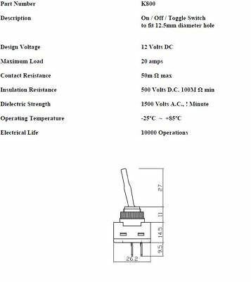 On Off Toggle Switch Flick Deluxe Lever 12V 20A Fits 12.5Mm Hole Robinson K800 - Mid-Ulster Rotating Electrics Ltd