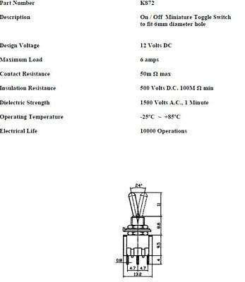 On Off Toggle Switch Flick Flip Mini Miniature Car Dash Light Robinson K872 - Mid-Ulster Rotating Electrics Ltd