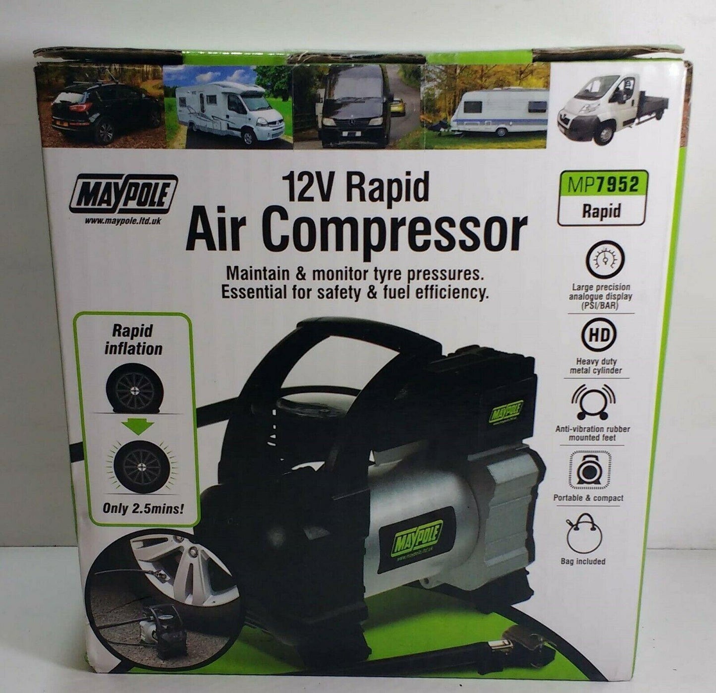 12V Heavy Duty Rapid Air Compressor High Speed Inflation Genuine Maypole Mp7952 - Mid-Ulster Rotating Electrics Ltd