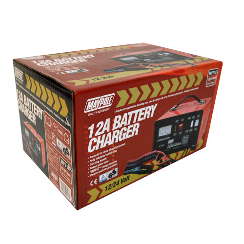 12A 12V/24V Metal Cased Battery Charger. For all low maintenance and maintenance free lead acid and AGM batteries of 30-180Ah capacity MP716
