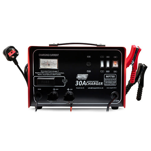 12/24V 30A metal battery charger ideal for workshop use. For all low maintenance and maintenance free 12/24v lead acid & AGM batteries MP750